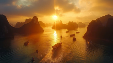 Traditional Vietnamese boats float on the tranquil waters of Halong Bay under a captivating sunset behind limestone karsts.の素材