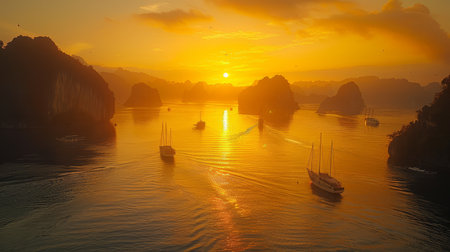 Traditional Vietnamese boats float on the tranquil waters of Halong Bay under a captivating sunset behind limestone karsts.の素材