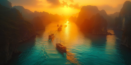 Traditional Vietnamese boats float on the tranquil waters of Halong Bay under a captivating sunset behind limestone karsts.の素材