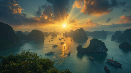 Traditional Vietnamese boats float on the tranquil waters of Halong Bay under a captivating sunset behind limestone karsts.の素材