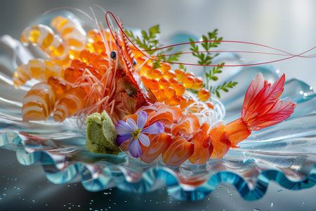 An exquisite sushi platter featuring prawn nigiri and vibrant roe, dramatically presented with dry ice mist for a luxurious dining experience.の素材