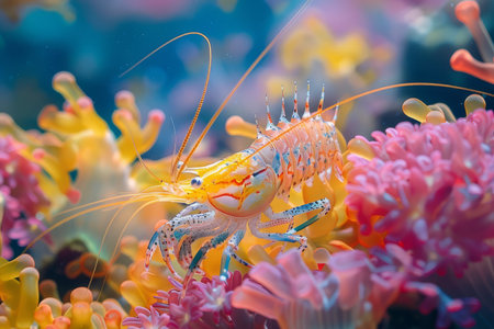 Two vibrant peacock mantis shrimps stand out among the coral reef, showcasing their striking colors and intricate patterns.の素材