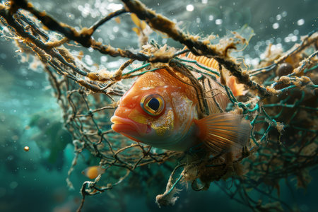 A vivid image of a fish ensnared in a complex mesh of a fishing net underwater, symbolizing environmental challenges.の素材