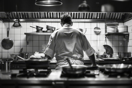 A chef in a white uniform expertly prepares a flambe dish, flames leaping from the pan, in a busy professional kitchen setting.の素材