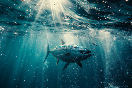 A single tuna fish swimming gracefully under the ocean's surface, with sunlight filtering through the water.の素材
