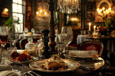 A luxurious dinner setting featuring a variety of gourmet dishes, lit by the warm glow of candlelight, creating an inviting atmosphere.の素材