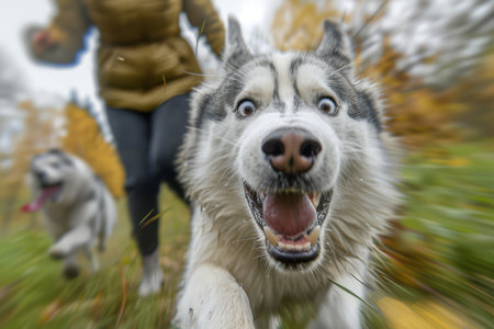 An energetic Siberian Husky running towards the camera with a playful owner chasing behind on a sunny winter day.の素材