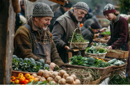 Smiling farmers display an array of fresh vegetables at a rustic local market, engaging with customers and community life.の素材