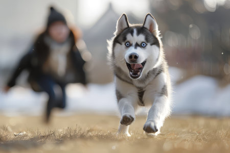 An energetic Siberian Husky running towards the camera with a playful owner chasing behind on a sunny winter day.の素材