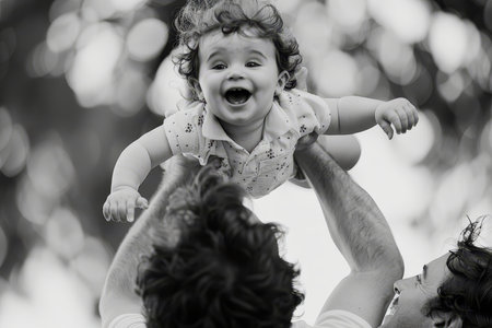 A young child laughs joyfully while being playfully tossed in the air by parents in a sun-drenched park setting.の素材