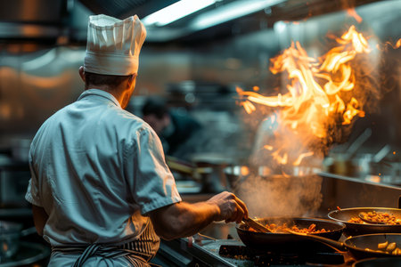A chef in a white uniform expertly prepares a flambe dish, flames leaping from the pan, in a busy professional kitchen setting.の素材