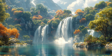 A breathtaking landscape of a powerful waterfall cascading into a tranquil river surrounded by vibrant greenery and sunlight filtering through the trees.の素材