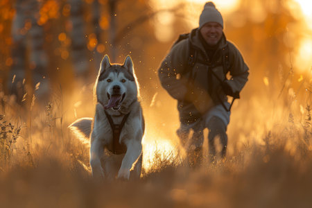 An energetic Husky dog running on a forest path with its owner during a golden hour walk, evoking companionship and activity.の素材