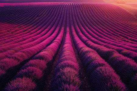 The warm sunset bathes purple lavender fields in a soft, enchanting light, highlighting the beauty of the floral landscape.の素材