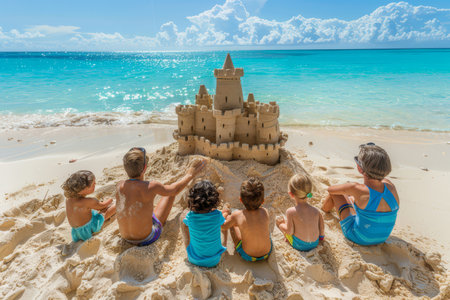 children sit by a large, detailed sandcastle on a bright, sunny beach with clear blue waters and sky.の素材