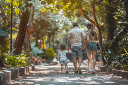 A young family is walking hand in hand along a lush, sunlit park path, exuding happiness and tranquility.の素材