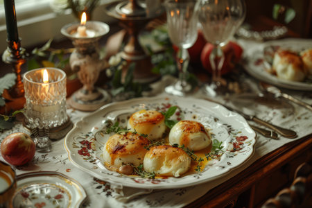 Elegant breakfast setup with a sunny side up egg on toast, accompanied by fresh grapes, bread rolls, wine, and white flowers in a vintage interior.の素材