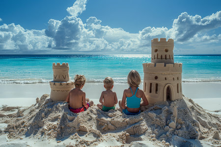 Three children sit by a large, detailed sandcastle on a bright, sunny beach with clear blue waters and sky.の素材