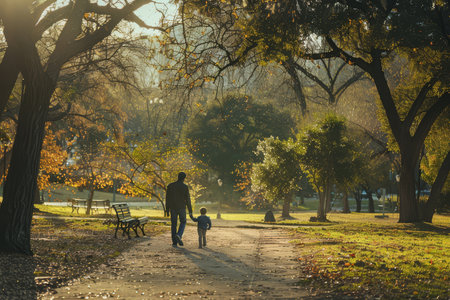 A young family is walking hand in hand along a lush, sunlit park path, exuding happiness and tranquility.の素材