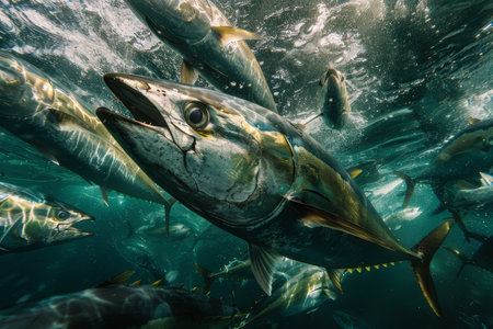 A dynamic underwater scene of a school of tuna fish moving swiftly through the sunlit blue ocean waters.の素材