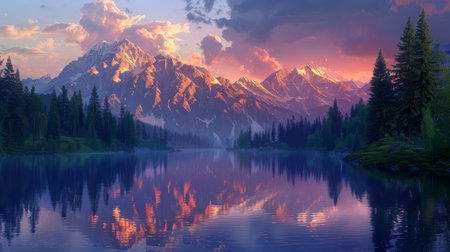 A serene sunset casts vibrant colors over a mountain range with a perfect reflection on the calm lake below, surrounded by evergreens.の素材