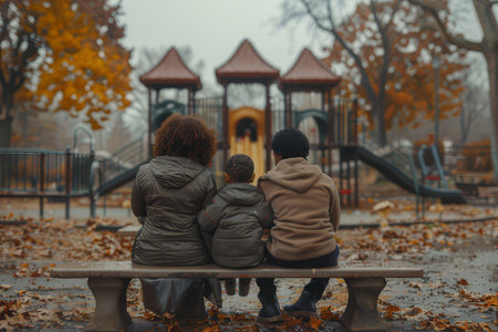 A father holds his young daughter's hand as they approach an empty playground in the cool autumn weather.の素材