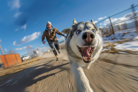 An energetic Siberian Husky running towards the camera with a playful owner chasing behind on a sunny winter day.の素材