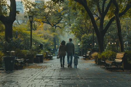 Back view of a family taking a peaceful walk with their dog on a leaf-covered path in a park during autumn.の素材