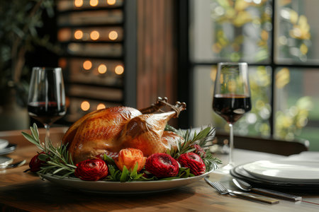 Elegant dinner setting featuring a golden roasted turkey garnished with herbs and flowers, paired with red wine, in a cozy dining atmosphere.の素材