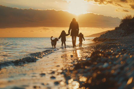 Silhouette of a family with two children and a dog enjoying a peaceful walk along the beach during a beautiful sunset.の素材