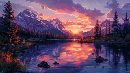 A serene sunset casts vibrant colors over a mountain range with a perfect reflection on the calm lake below, surrounded by evergreens.の素材