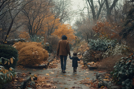 Back view of a family taking a peaceful walk with their dog on a leaf-covered path in a park during autumn.の素材
