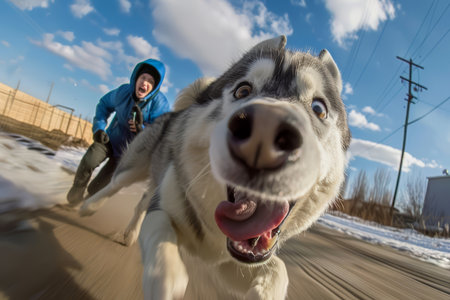 An energetic Siberian Husky running towards the camera with a playful owner chasing behind on a sunny winter day.の素材