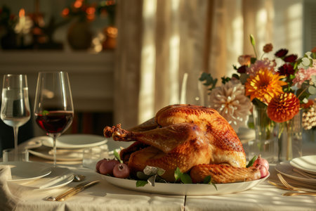 Elegant dinner setting featuring a golden roasted turkey garnished with herbs and flowers, paired with red wine, in a cozy dining atmosphere.の素材