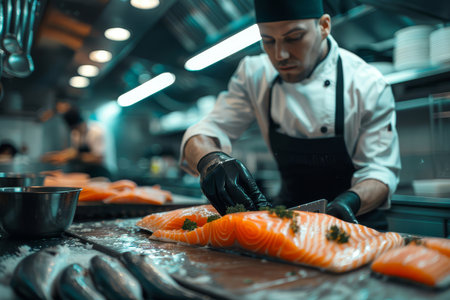 Focused chef meticulously seasoning fresh salmon fillets in a bustling professional kitchen, highlighting culinary expertise.の素材