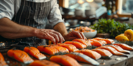 Focused chef meticulously seasoning fresh salmon fillets in a bustling professional kitchen, highlighting culinary expertise.の素材