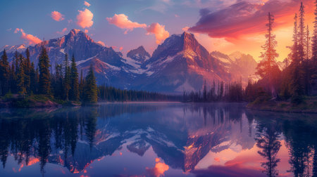 A serene sunset casts vibrant colors over a mountain range with a perfect reflection on the calm lake below, surrounded by evergreens.の素材