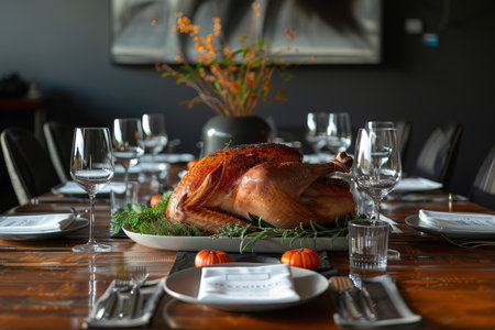 Elegant dinner setting featuring a golden roasted turkey garnished with herbs and flowers, paired with red wine, in a cozy dining atmosphere.の素材