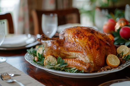 Elegant dinner setting featuring a golden roasted turkey garnished with herbs and flowers, paired with red wine, in a cozy dining atmosphere.の素材