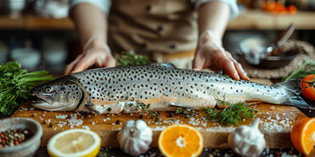 Focused chef meticulously seasoning fresh salmon fillets in a bustling professional kitchen, highlighting culinary expertise.の素材