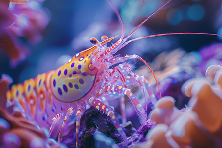 Two vibrant peacock mantis shrimps stand out among the coral reef, showcasing their striking colors and intricate patterns.の素材