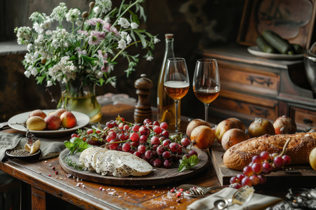 Elegant traditional dinner table with roasted turkey, wine, and fruit, evoking a cozy vintage ambiance.の素材