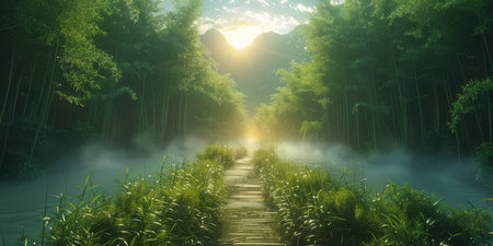 Sunlight filters through a dense bamboo forest, casting a mystical glow on the serene path winding through it.の素材