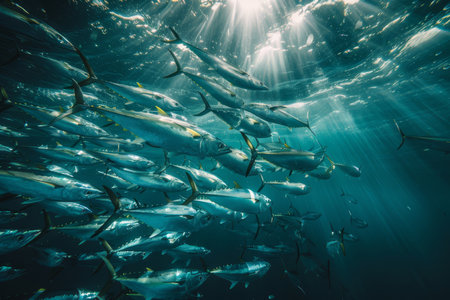 A dynamic underwater scene of a school of tuna fish moving swiftly through the sunlit blue ocean waters.の素材