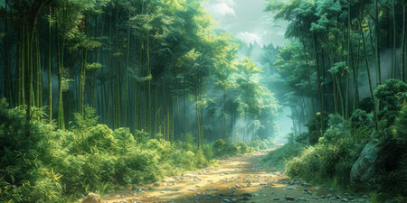 Sunlight filters through a dense bamboo forest, casting a mystical glow on the serene path winding through it.の素材