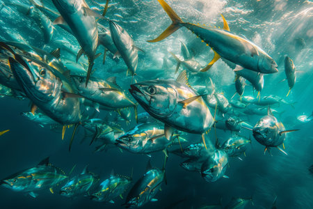 A dynamic underwater scene of a school of tuna fish moving swiftly through the sunlit blue ocean waters.の素材