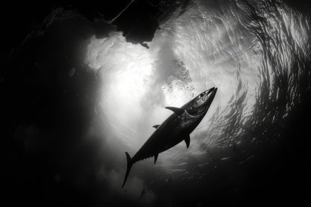 A dynamic underwater scene of a school of tuna fish moving swiftly through the sunlit blue ocean waters.の素材