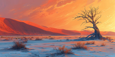 Stunning sunset skies over a vast desert landscape with the silhouette of an ancient, dead tree in the foreground.の素材