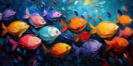 An abstract oil painting featuring a school of colorful tropical fish swimming in a vivid, textured underwater scene.の素材