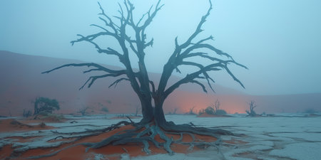 Stunning sunset skies over a vast desert landscape with the silhouette of an ancient, dead tree in the foreground.の素材